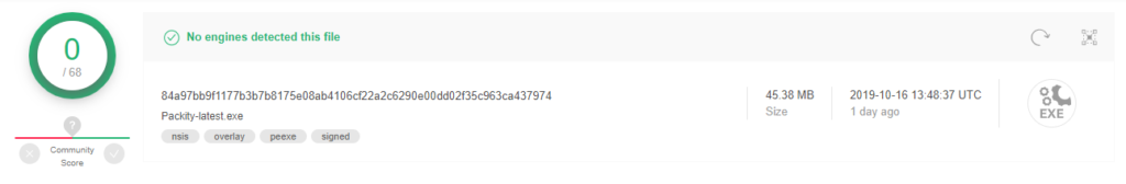 VirusTotal Scan for Packity Application