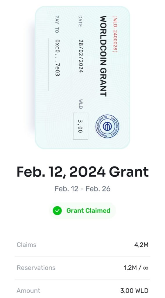 Worldcoin App showing a standard grant