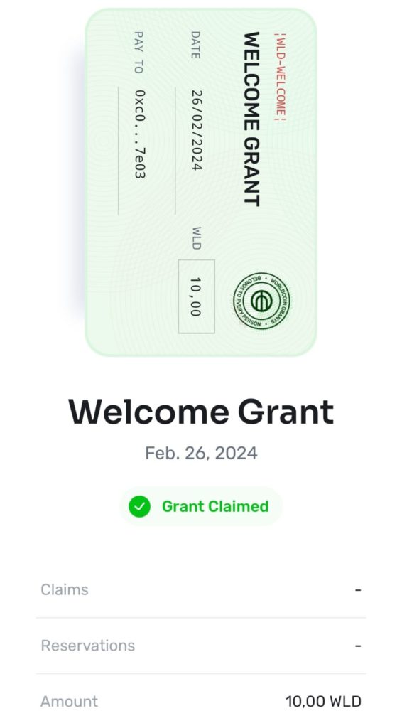 Worldcoin App showing the welcome grant